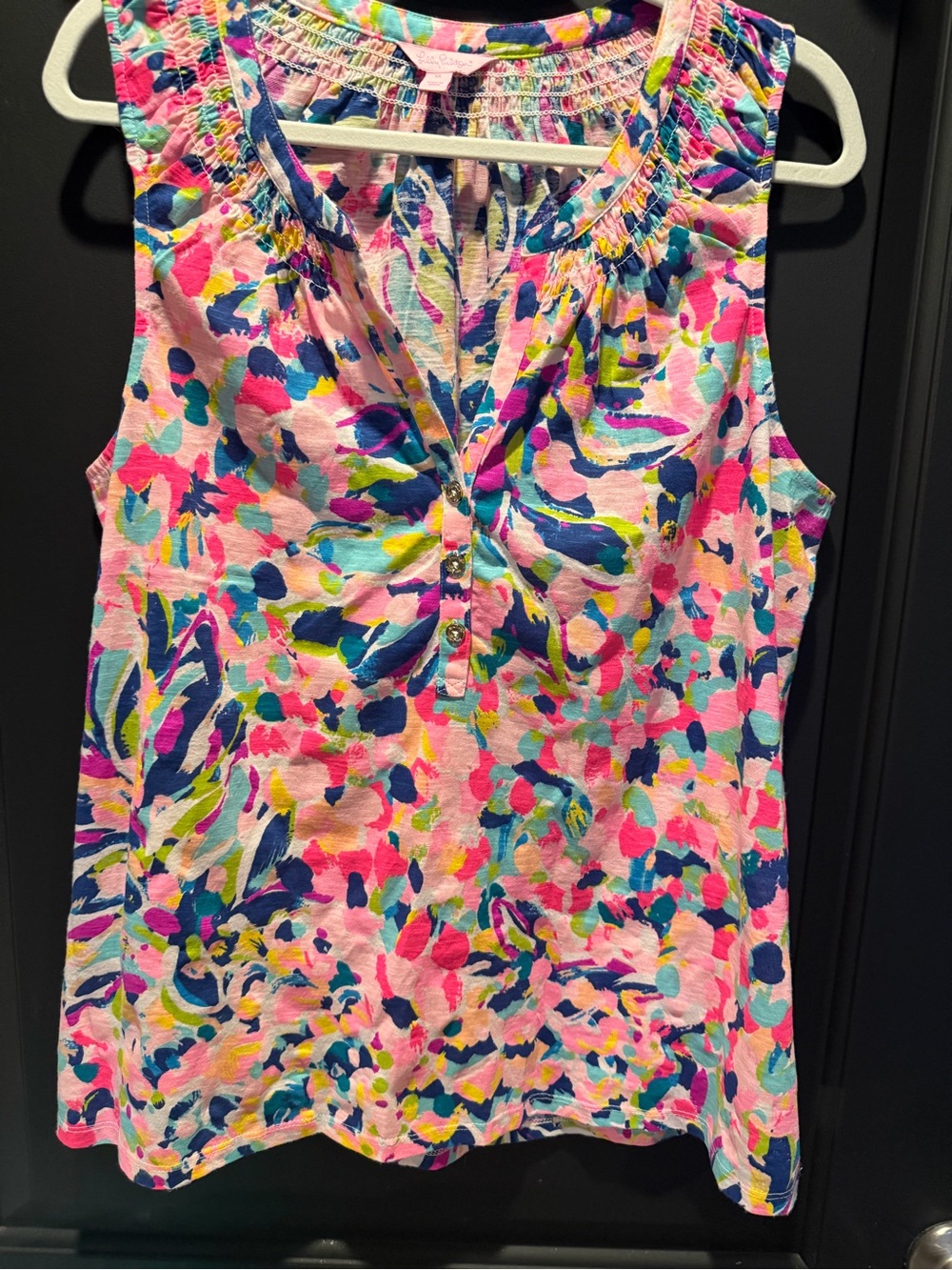 Lilly Pulitzer Sleeveless Smocked Neck Camisole in Pink, Blue & Green Floral